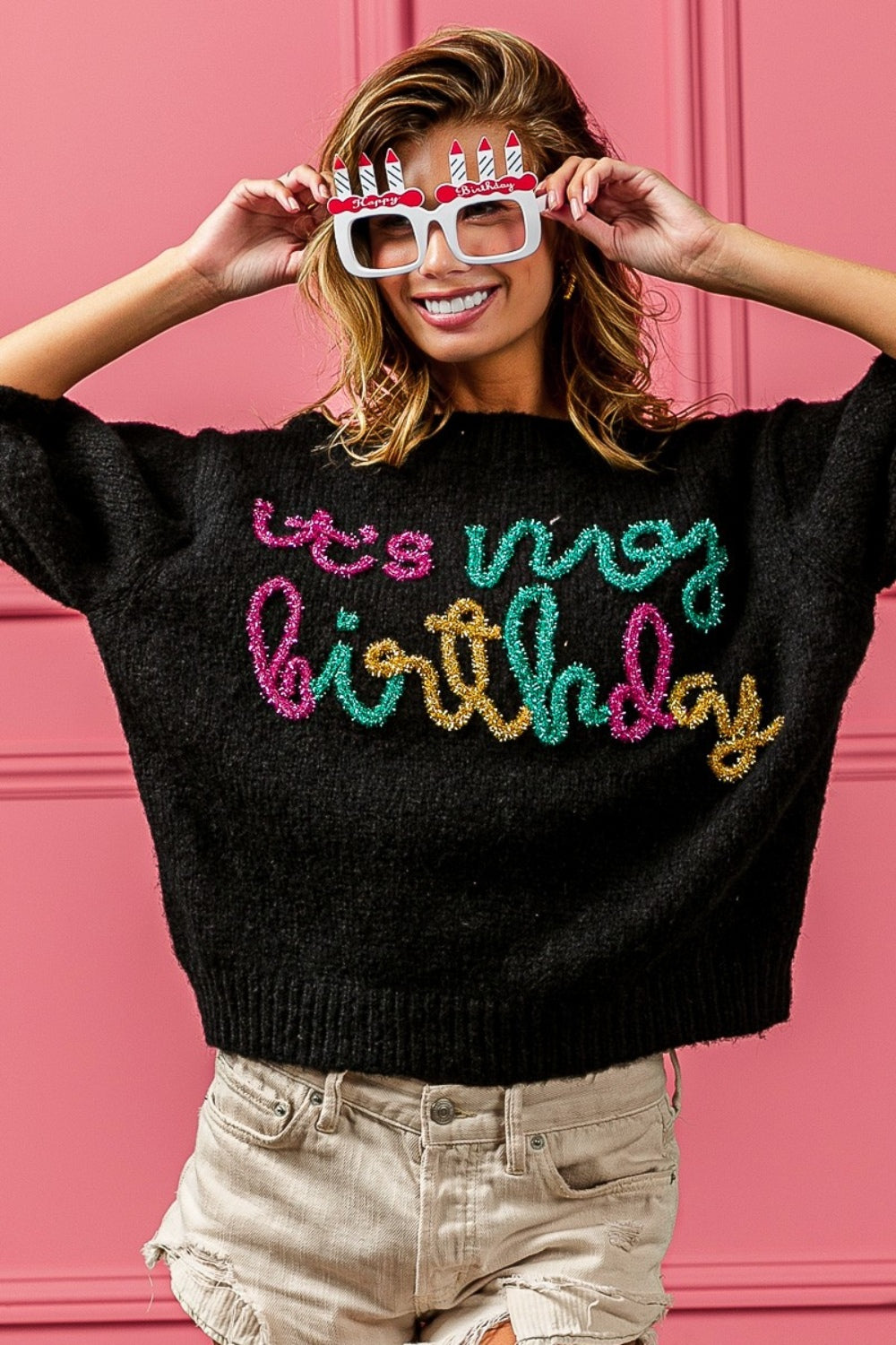 Maxct &BiBi Metallic Letter Puff Sleeve Hairy Sweater