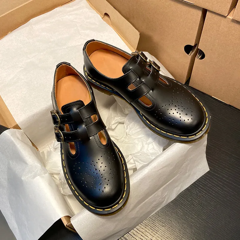 Handmade Retro Waxing Flat Mary Jane Shoes Round Toe  Black/Brown/Black1/White Maxct