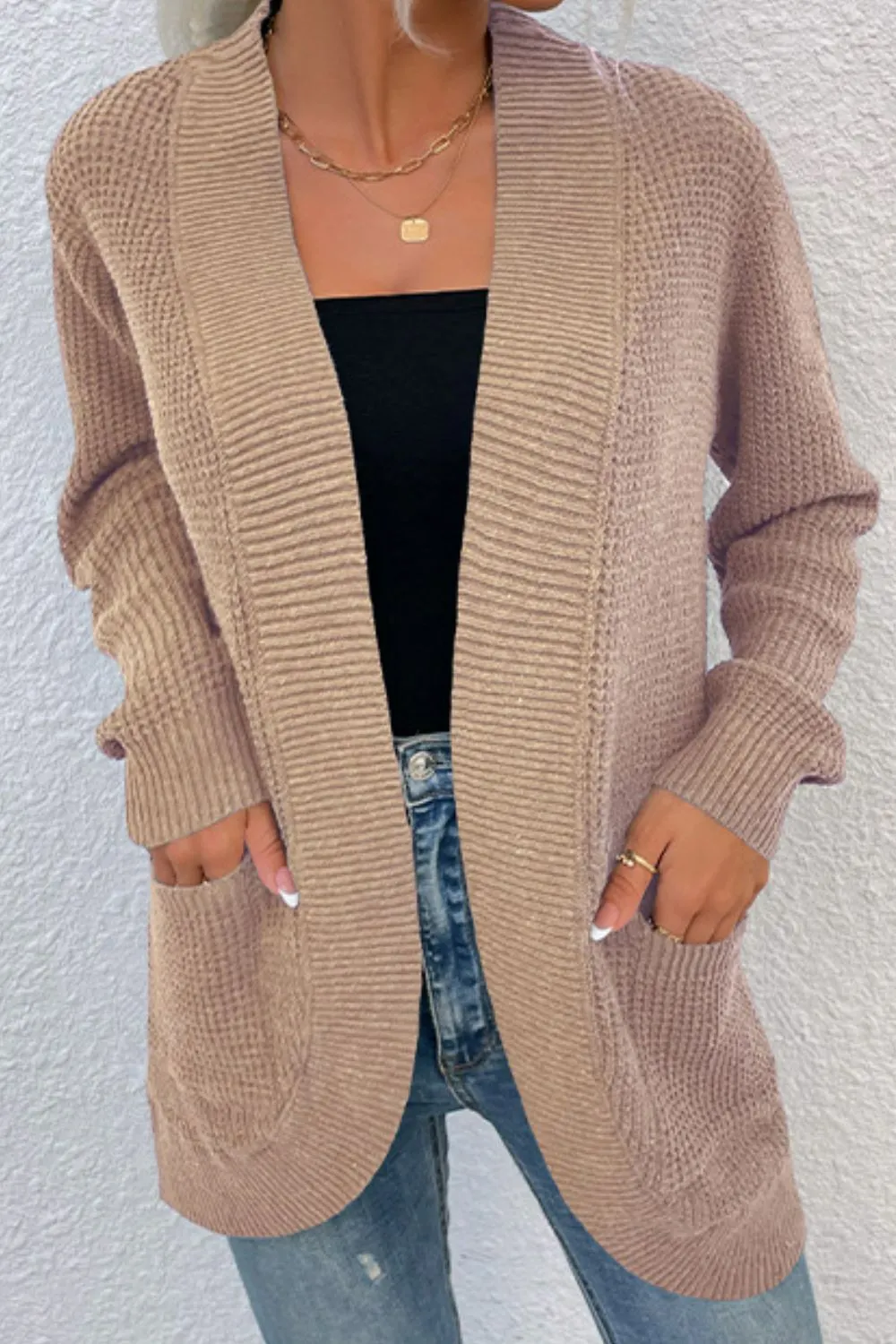 Maxct &Open Front Rib-Knit Cardigan with Pockets