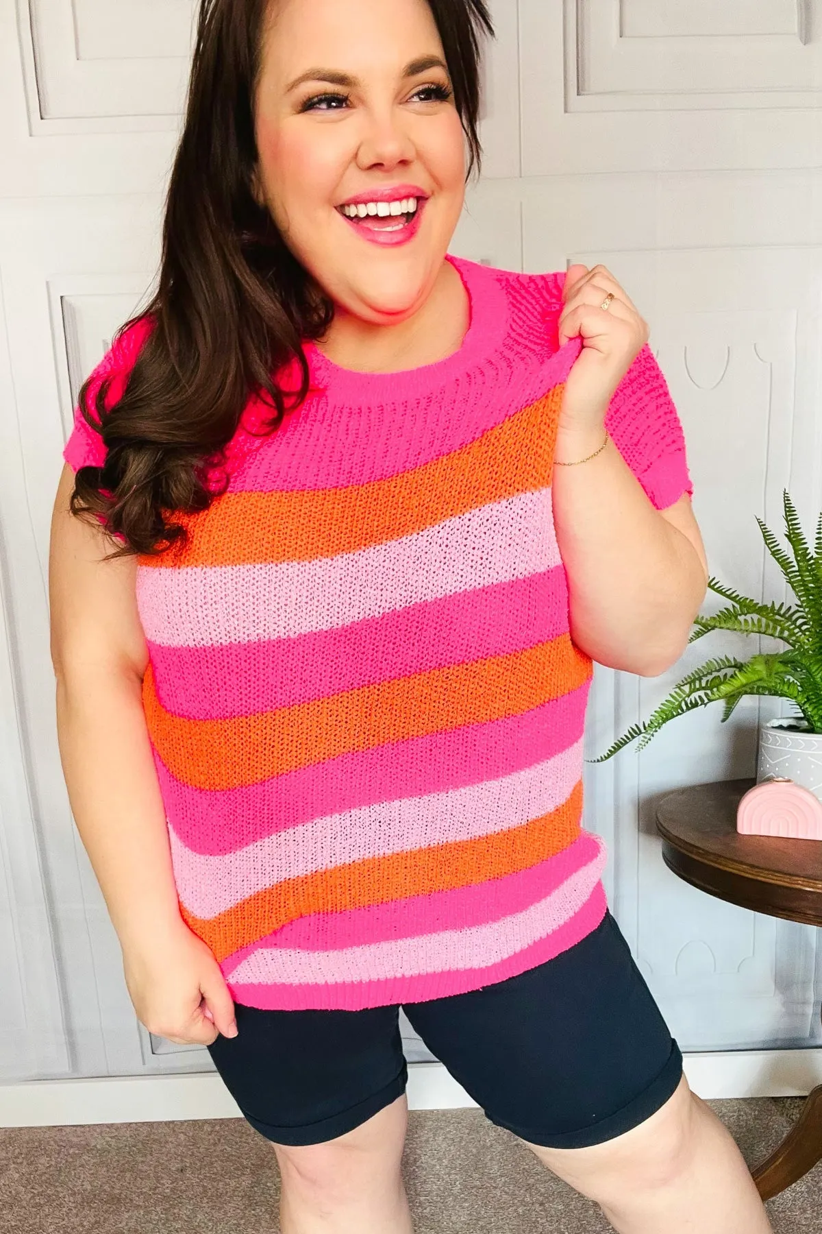 Maxct &Feeling Bold Fuchsia & Orange Stripe Short Sleeve Dolman Sweater