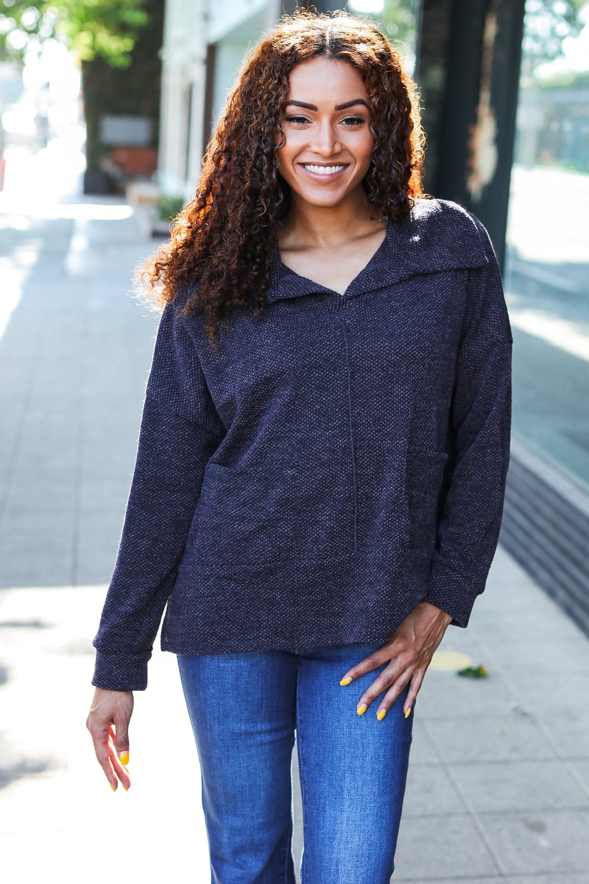 Maxct &Easy Living Charcoal Textured Knit Notch Neck Oversized Collar Sweater