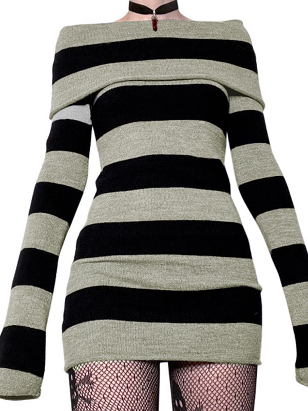 Off Shoulder Long Sleeve Striped Knit Mini Dress Maxct