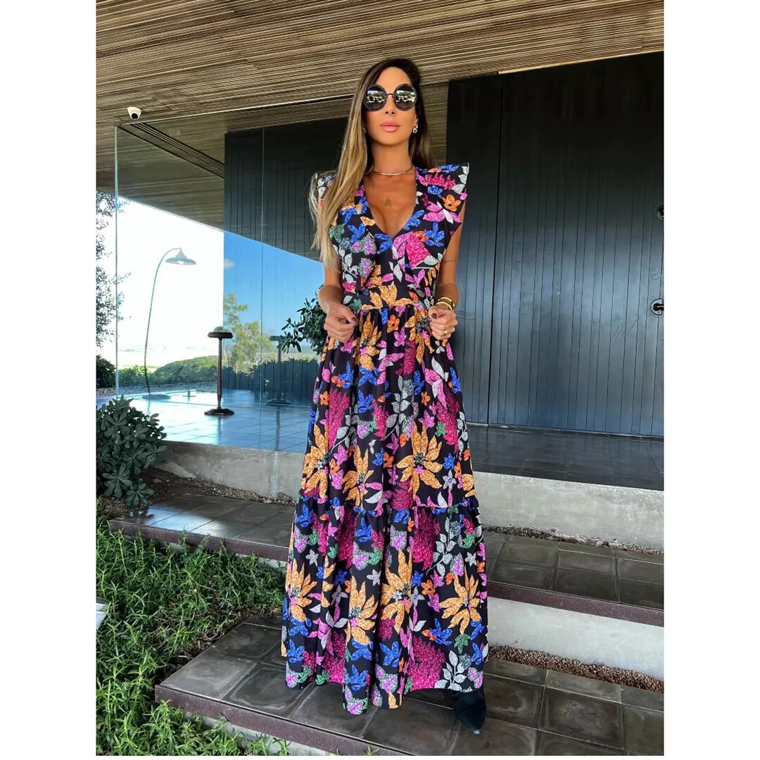 Maxct New Ruffle Sleeveless Printed Skirt Ladies V Neck Elegant Long Dress Waist Slimming Temperament Robe