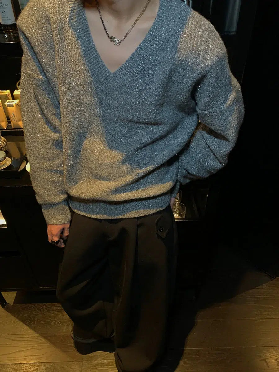 Maxct Gray V-neck Sequined Sweater