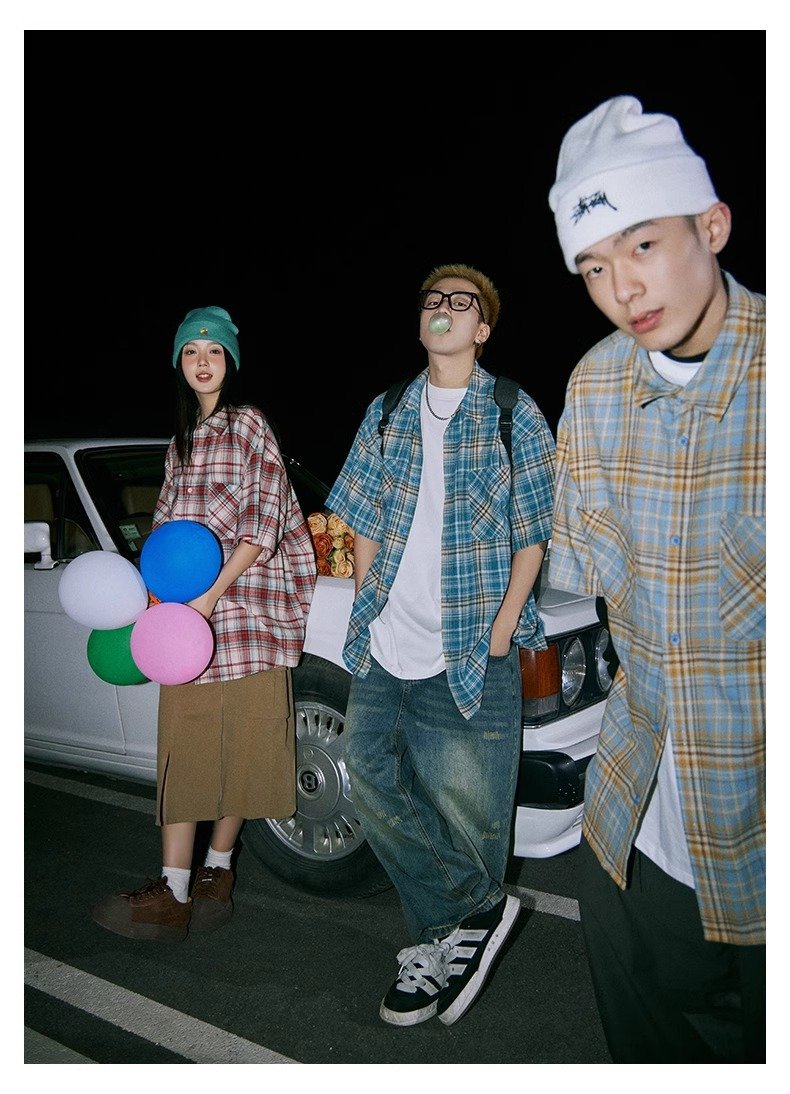 Maxct 90s Streetwear Japanese Niche Plaid Short-sleeved Shirt Men's Summer New Loose Trendy Brand All-match Shirt Couple's Coat Top