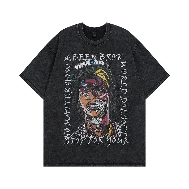 Maxct NWE Men's summer batik old short-sleeved tops retro high street dance skateboard loose casual personality printed shirt T-shirt