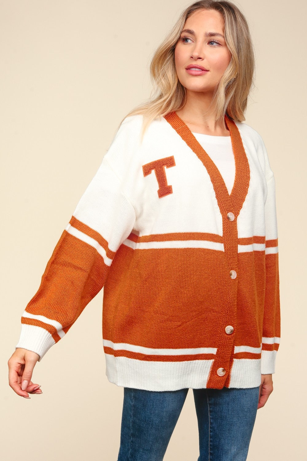 Maxct &Haptics Full Size V Neck Button Down Letter Patch Cardigan