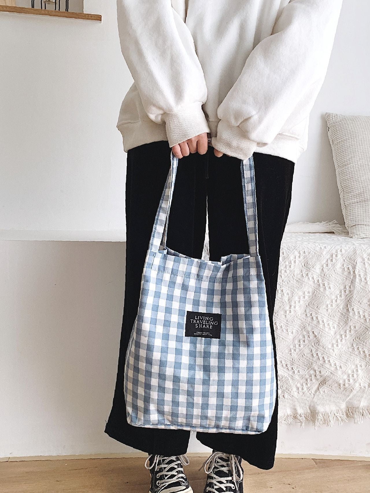 Maxct - Letter Patch Gingham Shopper Bag  - Women Tote Bags
