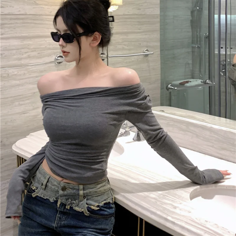 Maxct Black Solid Slash Neck Elegant Long Sleeve Tops Fashion Slim Sexy Cropped T Shirt Skinny Women Y2k Clothing Autumn Casual Shirts