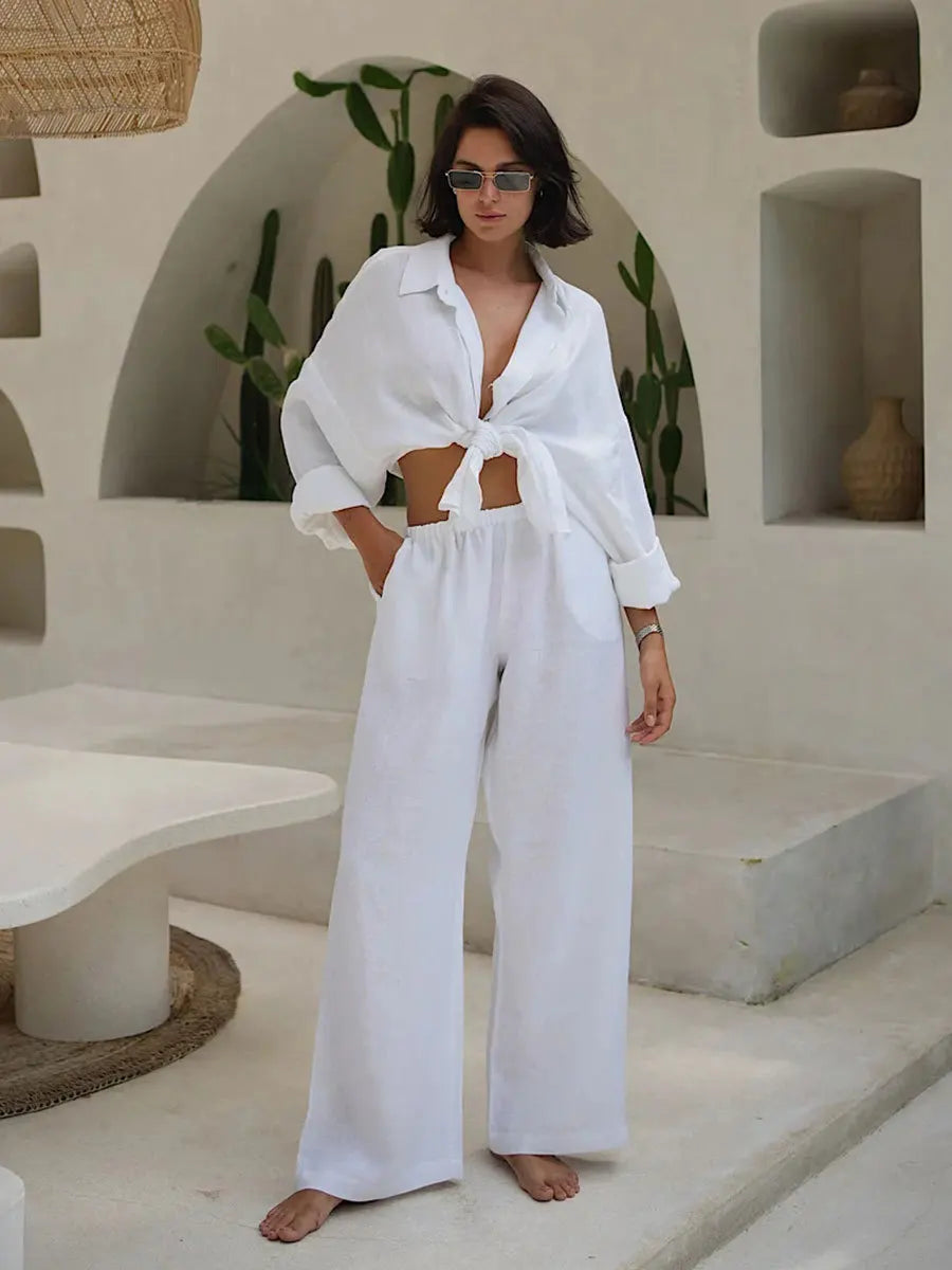 Maxct White Casual Cotton Linen Trousers Suit Women's Loose Long Sleeve Shirt Top Elastic Waist Pants Female Outfits Autumn New