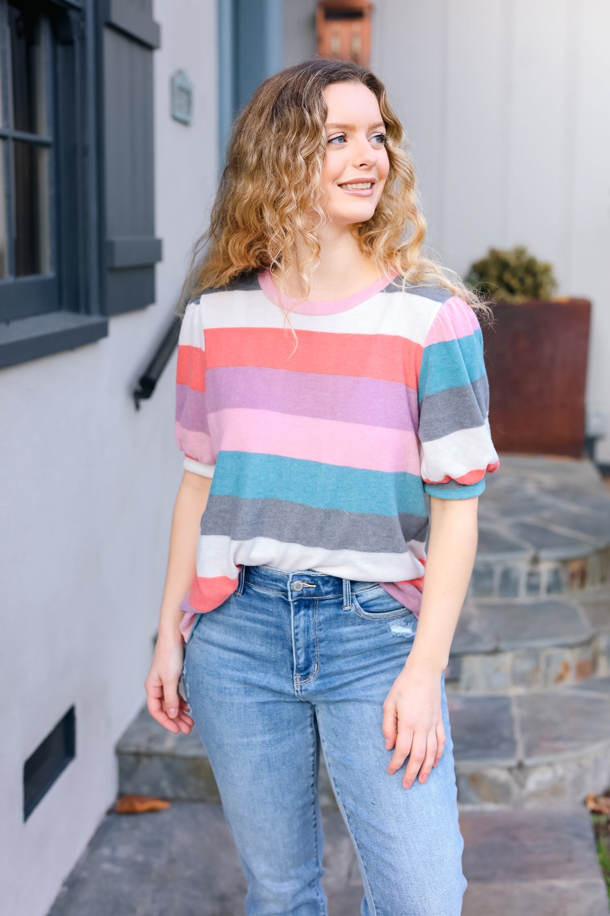 Maxct &Look Out Teal & Rose Striped Hacci Knit Puff Sleeve Top