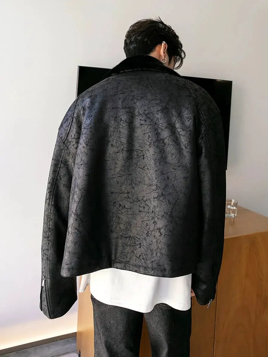 Maxct Black Vintage Textured PU Leather Jacket
