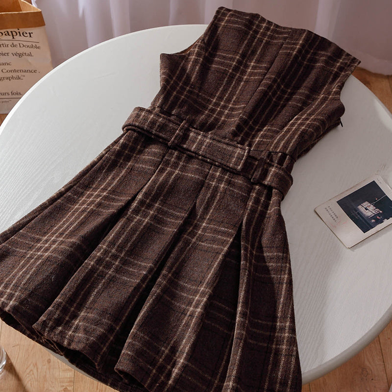 Coffee Plaid Pinafore Dress / Blouse Maxct