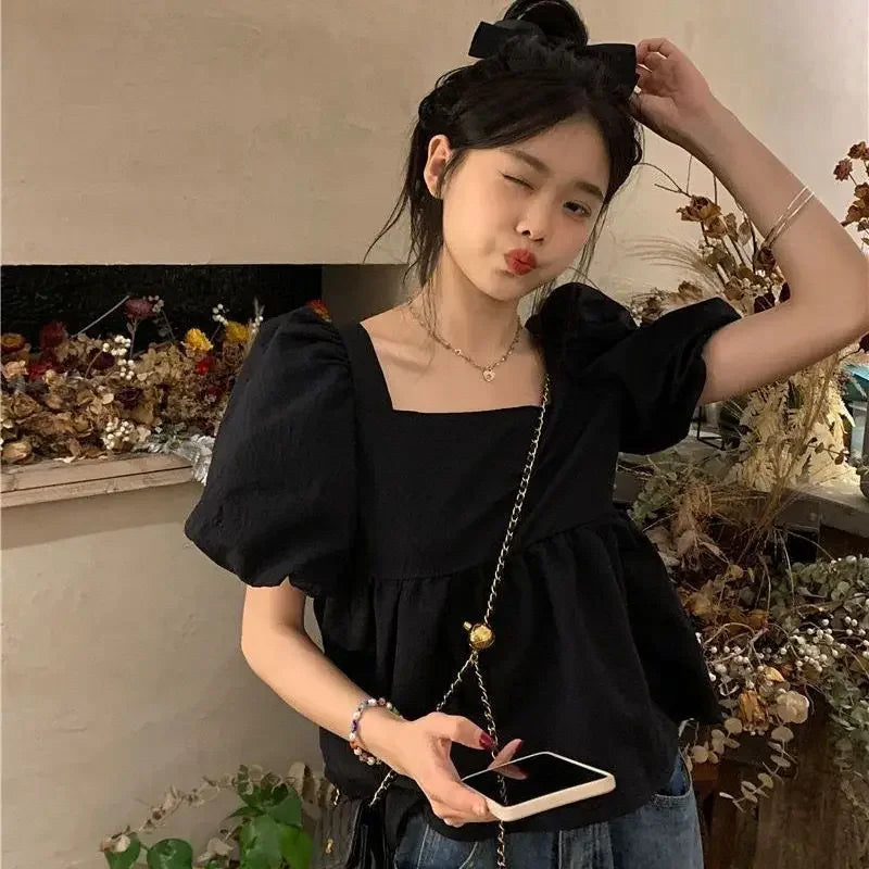 Maxct Blouses Women Square Collar Sweet Loose French Style Puff Sleeve Chic Ruffles Simple Ulzzang Solid Fashion Temper Student Summer