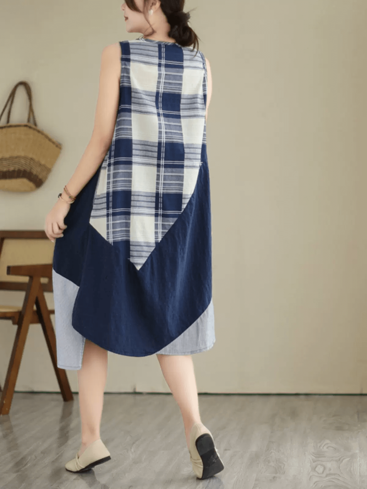Maxct Women Patchwork Cotton Linen Midi Dress