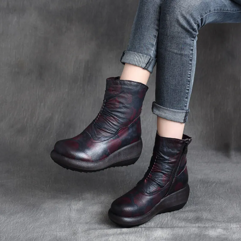 Maxct Women Autumn Winter Retro Leather Thick- Soled Wedge Heel Boots