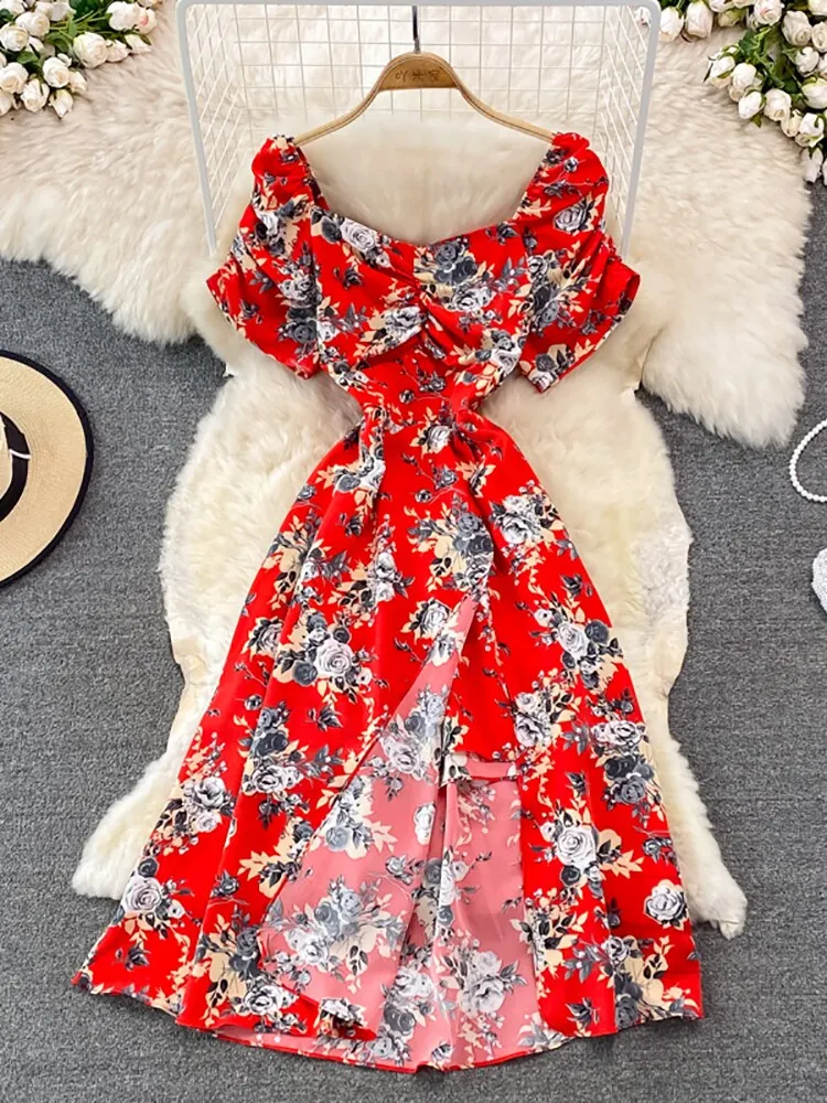 Vintage Women Printed Dresss Sexy Square Collar Short Puff Sleeve High Waist A-Line Vacation Beach Vestidos Female New