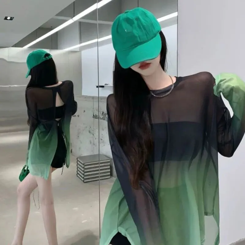 Maxct Sexy Hollow Out Backless T Shirts Women Gradient Ice Silk Loose Sunscreen Shirts Summer Gothic See Through Blouses Tops