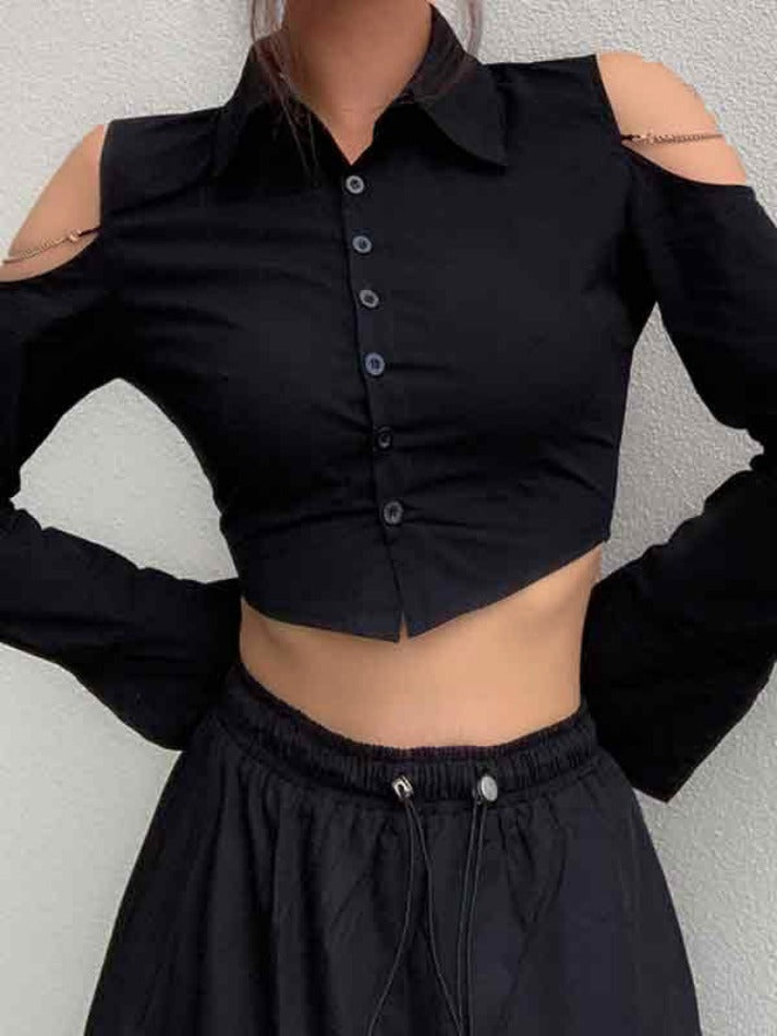 Maxct Cutout Chain Decor Lapel Long Sleeve Shirt