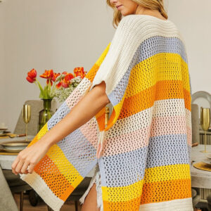 Maxct &BiBi Openwork Striped Open Front Knit Cardigan