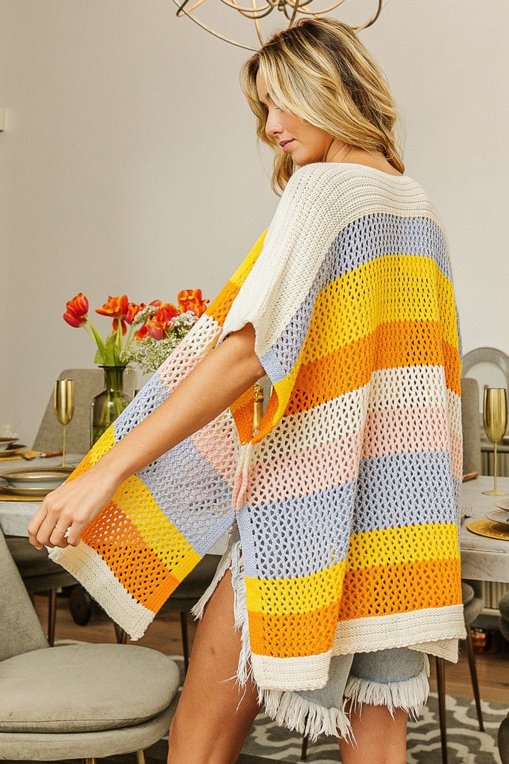 Maxct &BiBi Openwork Striped Open Front Knit Cardigan