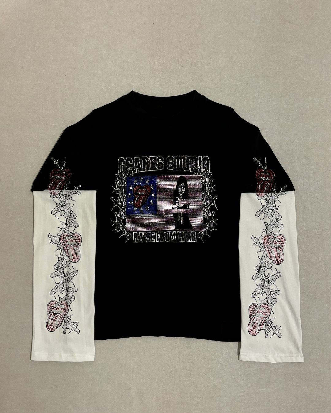 Y2k Round Neck Long Sleeved Hip-Hop Rap Vintage Hot Diamond Pattern T-Shirt Streetwear Oversize Sweatshirt Tops With Contrasting