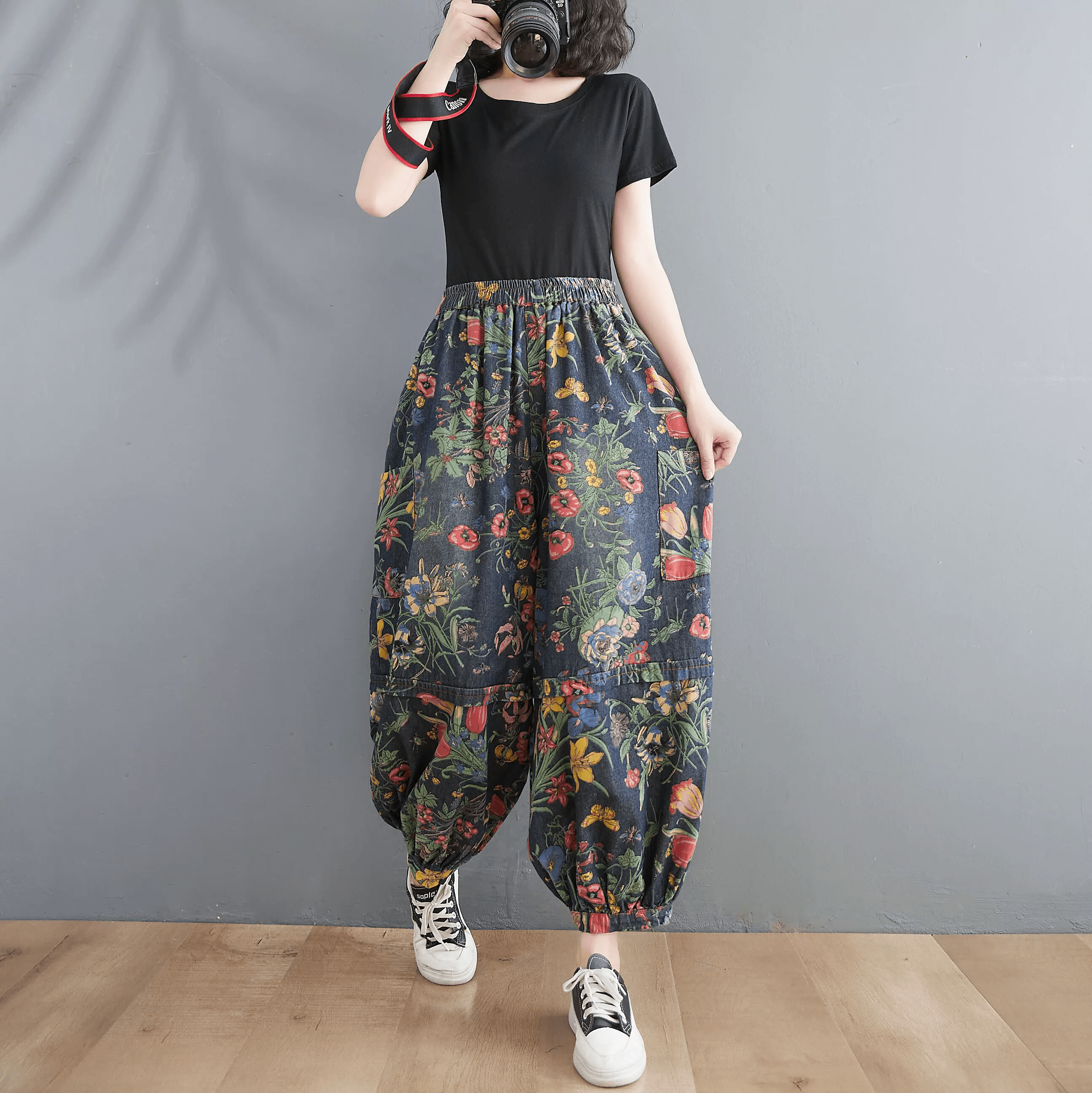 Maxct Women Autumn Retro Blossom High-Waist Harem Pants