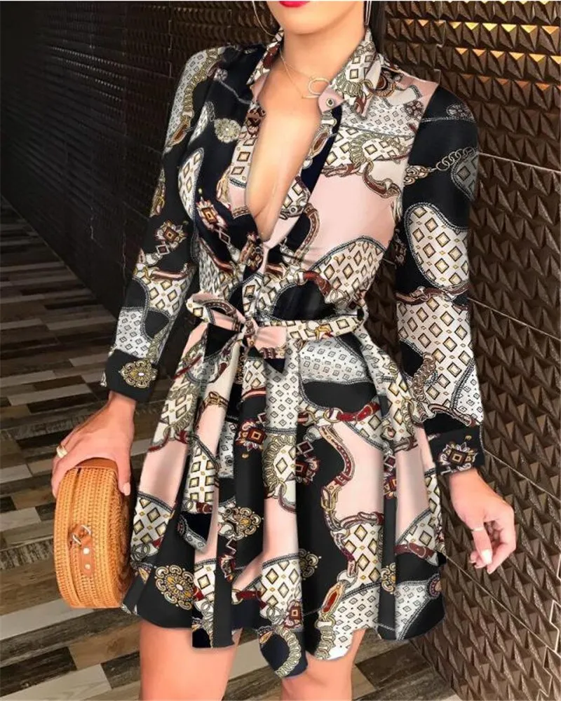 Women's Printed Long Sleeve Dress Casual Bandage Mini A-line Dresses Sexy Party Summer Feminias Vestidos Women Clothes