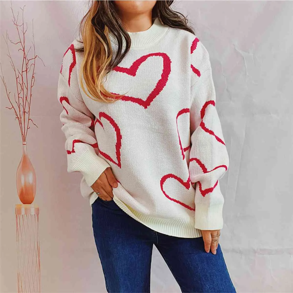 Maxct &Heart Pattern Long Sleeve Sweater