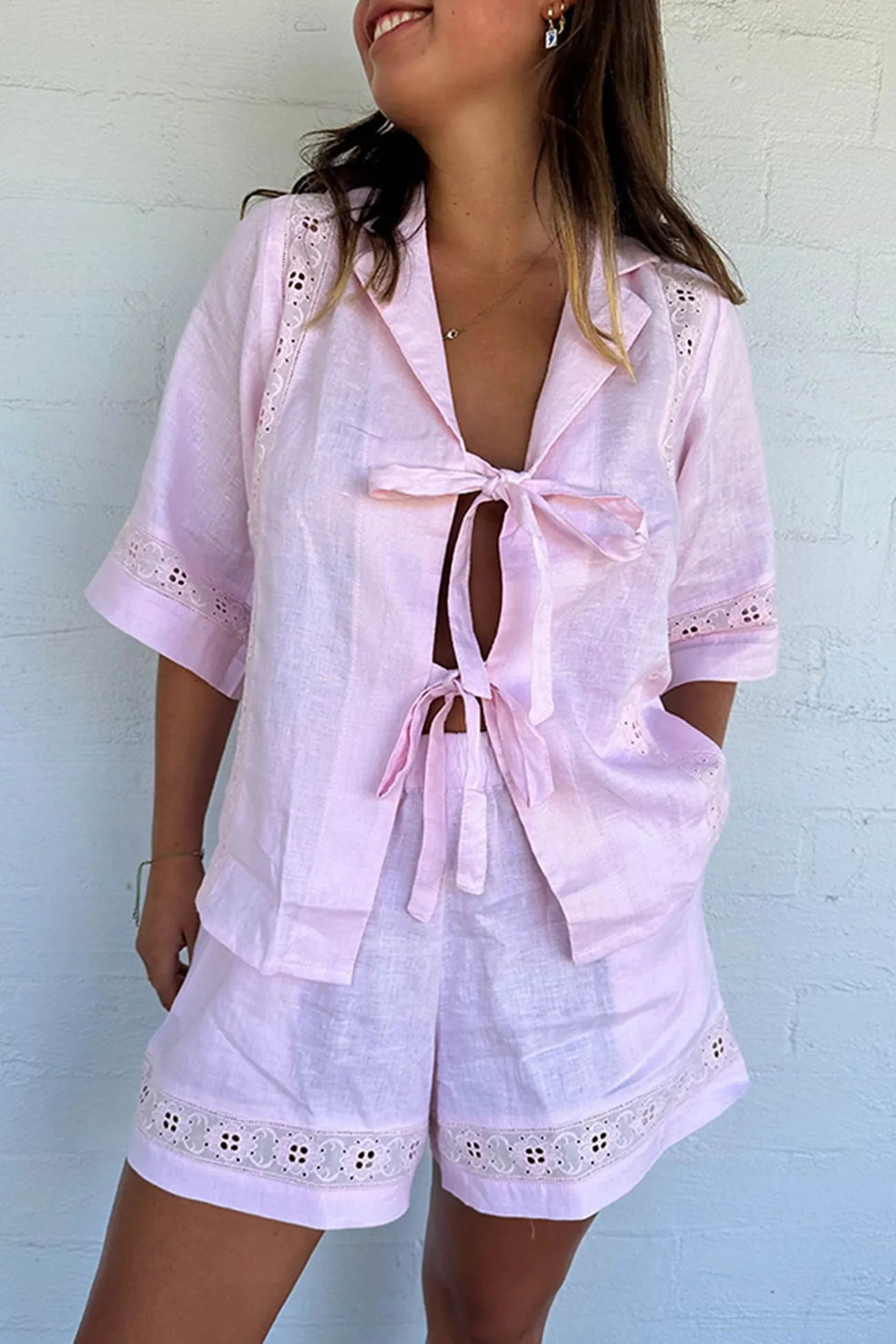 Maxct Tie-up Jacquard Hollow Out Shirt Shorts Suits
