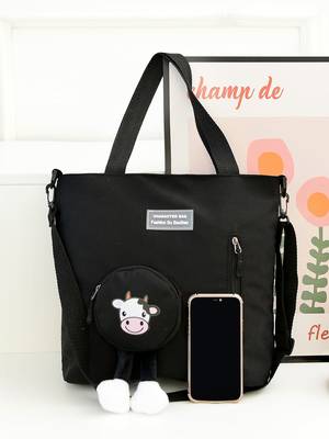 Letter Graphic Shopper Bag with Bag Charm - Women Tote Bags