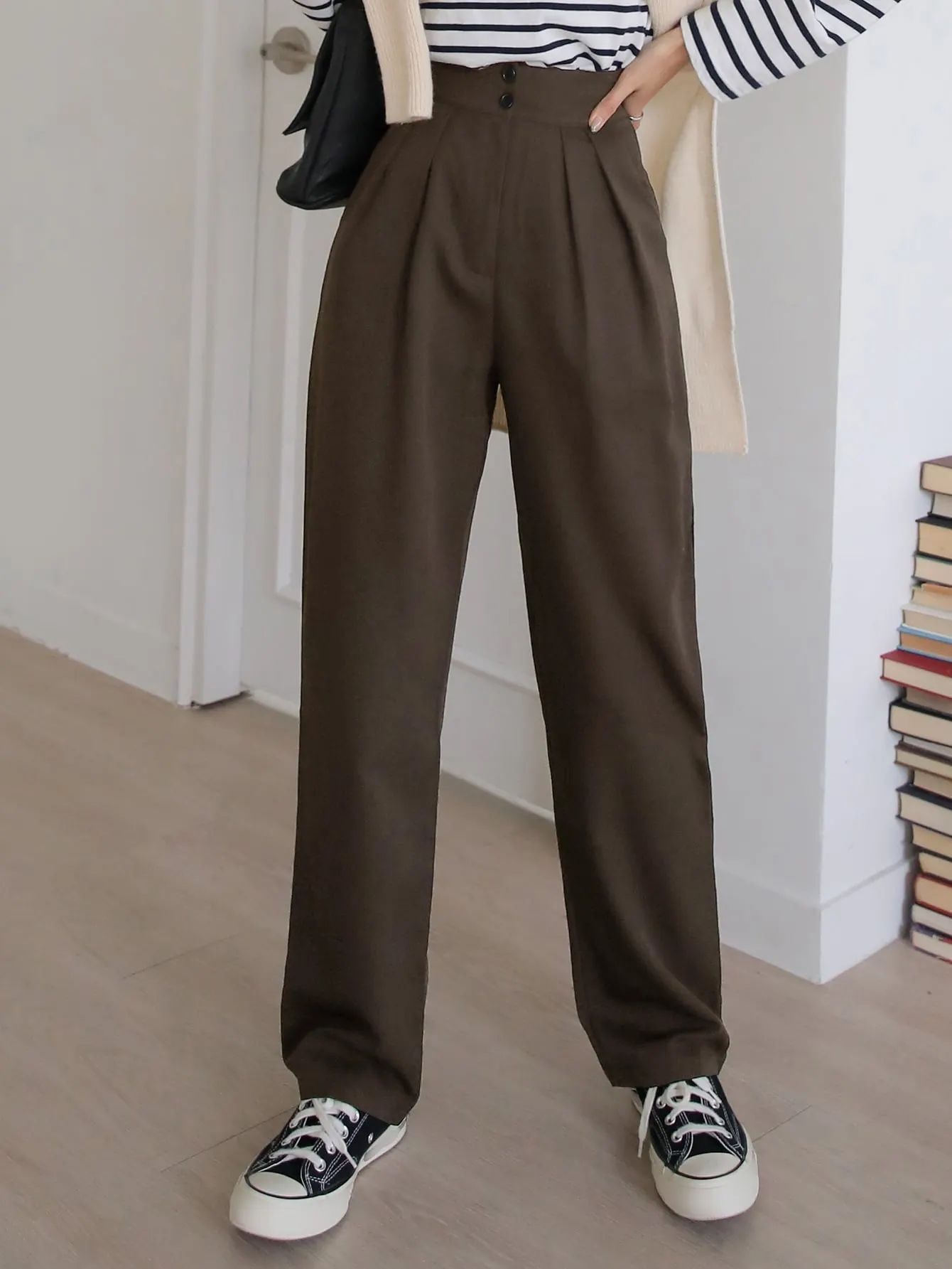 Maxct High Waist Plicated Detail Straight Leg Pants