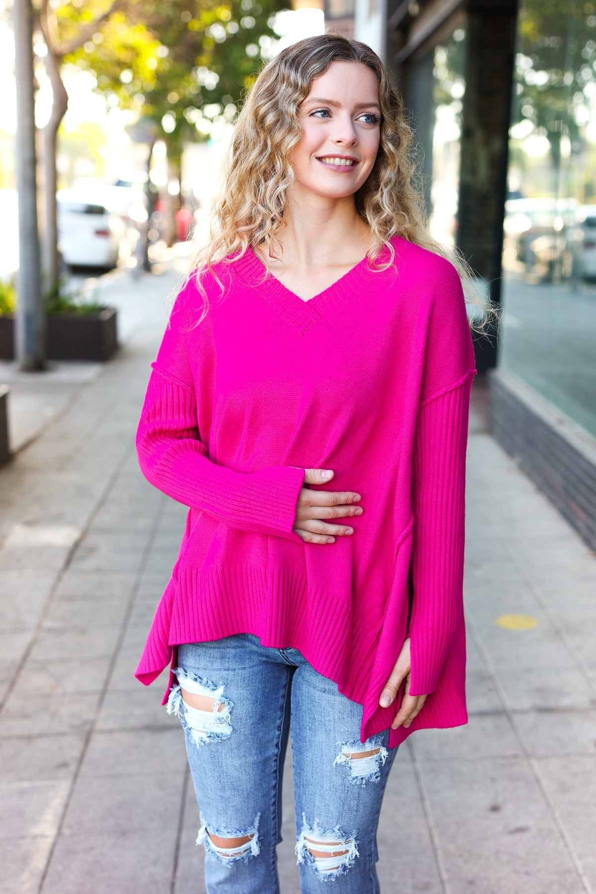 Maxct &Be Bold Magenta Oversized V Neck Rib Knit Sweater