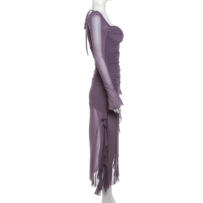 Y2k Gentle Temperament Ruffled Square Collar Slit Dress FeCross-Border Solid Color Long Sleeve Strap Wrapped Hip Long Dress