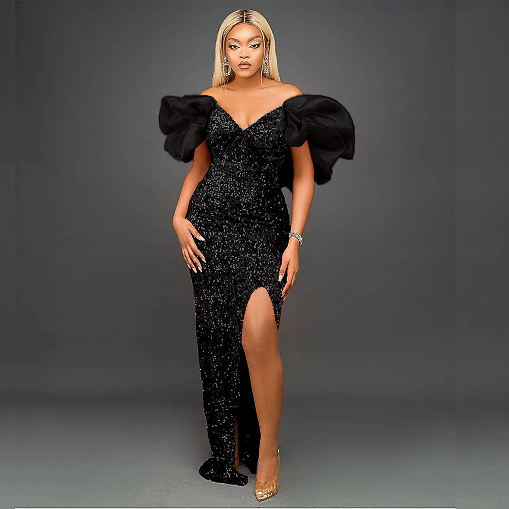 Maxct Ruffled V-neck Sequined Long Dress Ladies Banquet Evening Dress Dress Women's Party Dresses