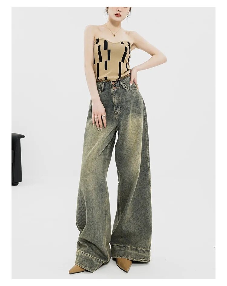Vintage Streetwear Women's High Waisted Baggy Oversize Wide Leg Denim Pants - true deals club