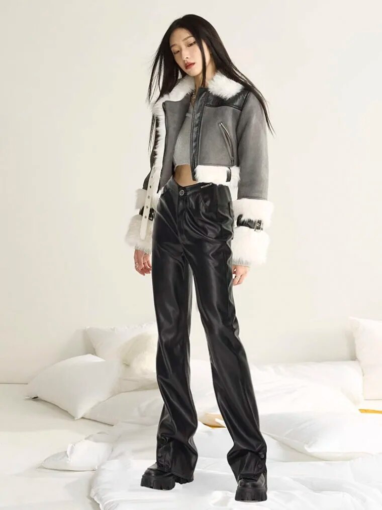 Maxct Artificial Leather Jacket Women Lapel Winter Coat Vintage Female Fleece Warm Thick Chic Tops