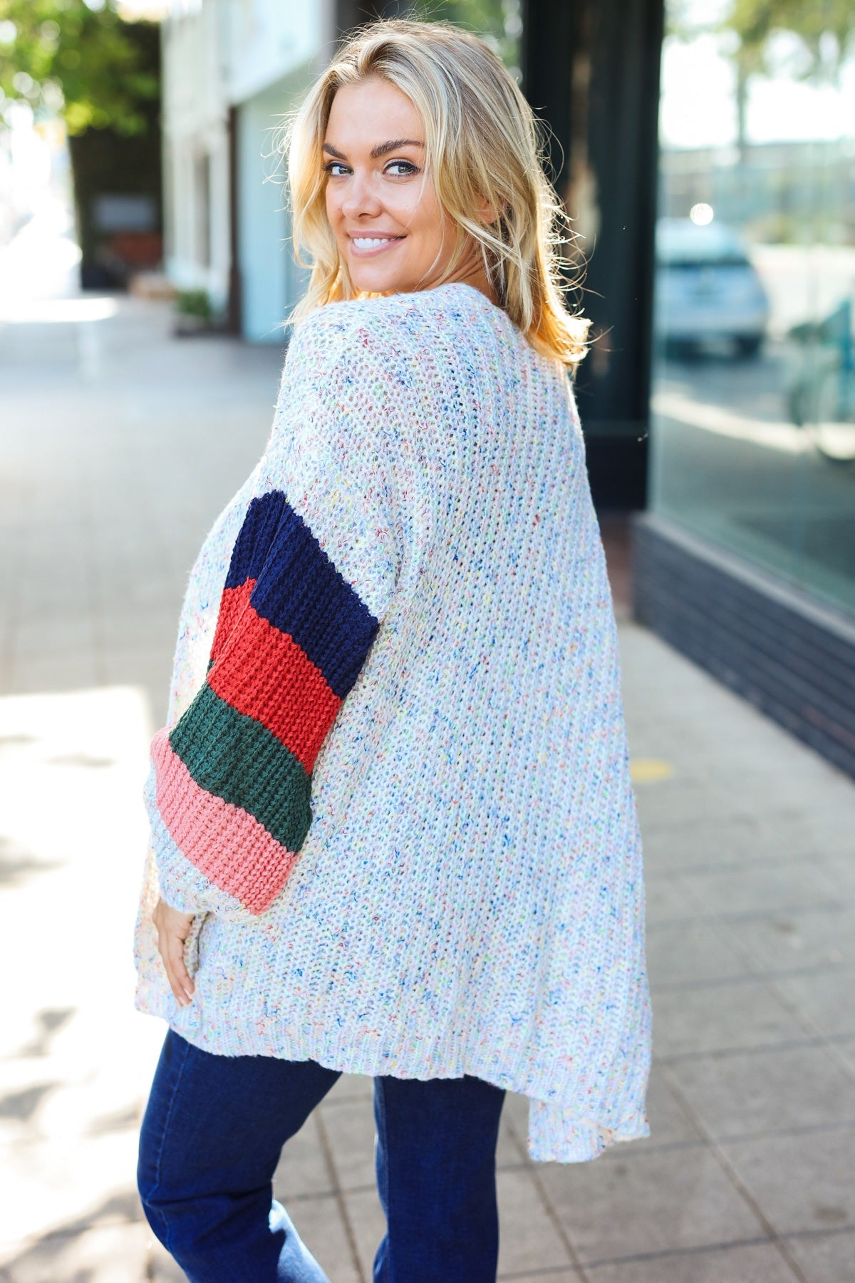 Maxct &Weekend Ready Ivory Multicolor Mixed Thread Bubble Sleeve Cardigan