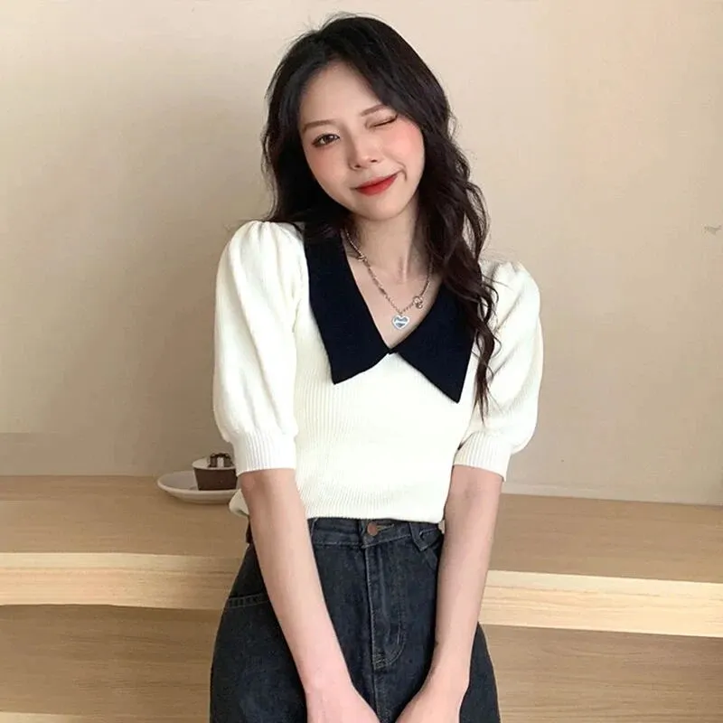 Maxct Vintage Knitted Pullover T Shirt Women Sweet Patchwork Puff Short Sleeve Tops Office Elegant Peter Pan Collar Slim Tees