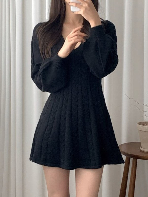 V Neck Cable Knit Long Sleeve Mini Dress Maxct