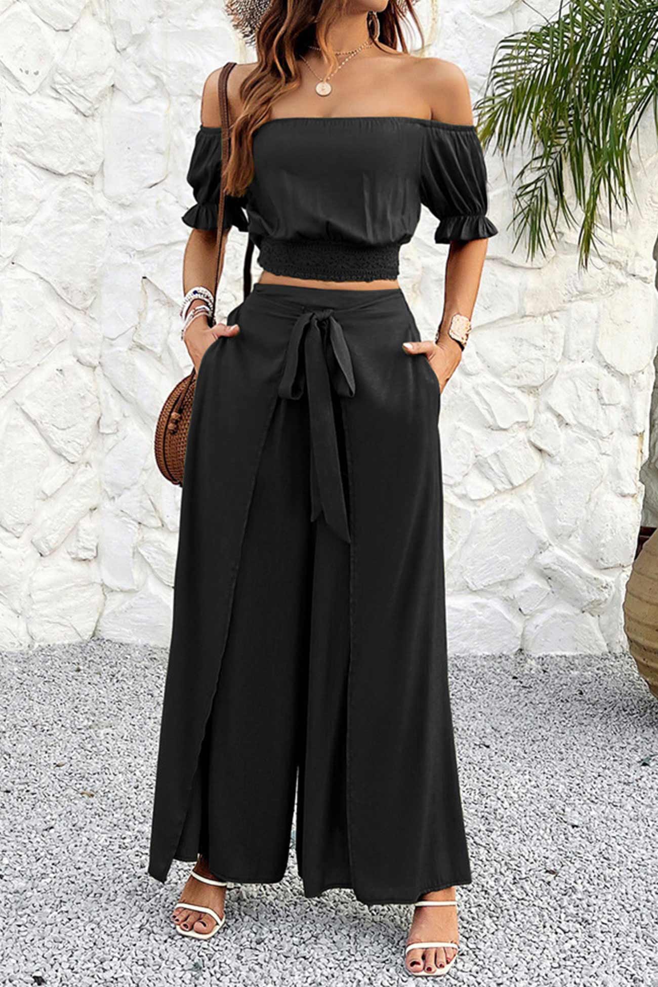 Maxct Off-shoulder Crop Top Tie-up Pants Suits