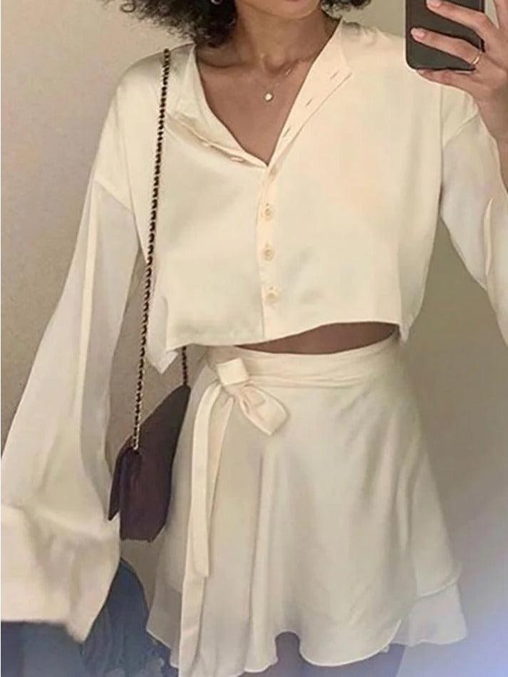 Maxct Satin Long Sleeve Buttoned Crop Blouse