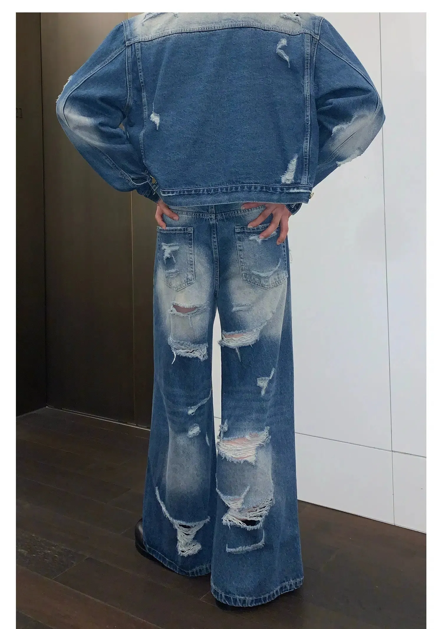 Maxct Blue Denim Jacket & Ripped Wide-leg Jeans