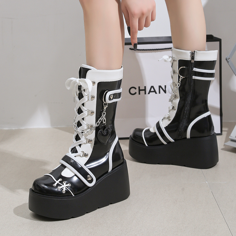 Platform Wedge Women's Boots Black and White Punk Gothic Style - true deals club