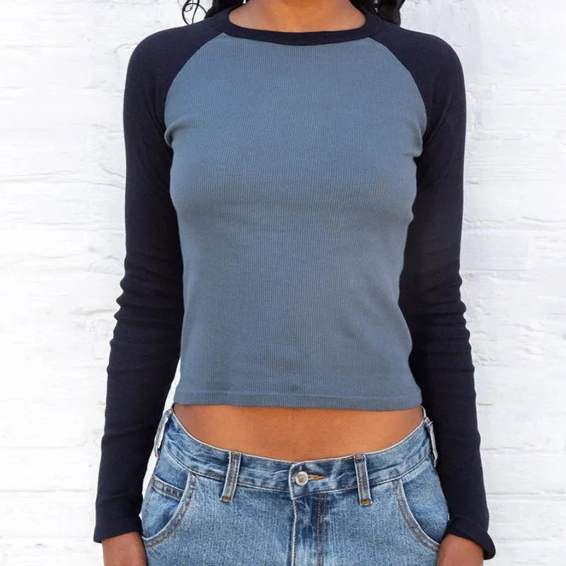 Maxct 90s Vintage Grunge T-shirt Y2K Retro Cute Crop Top Autumn Contrast Patchwork Long Sleeve Slim Basic Sweats Tees Simple Clothes