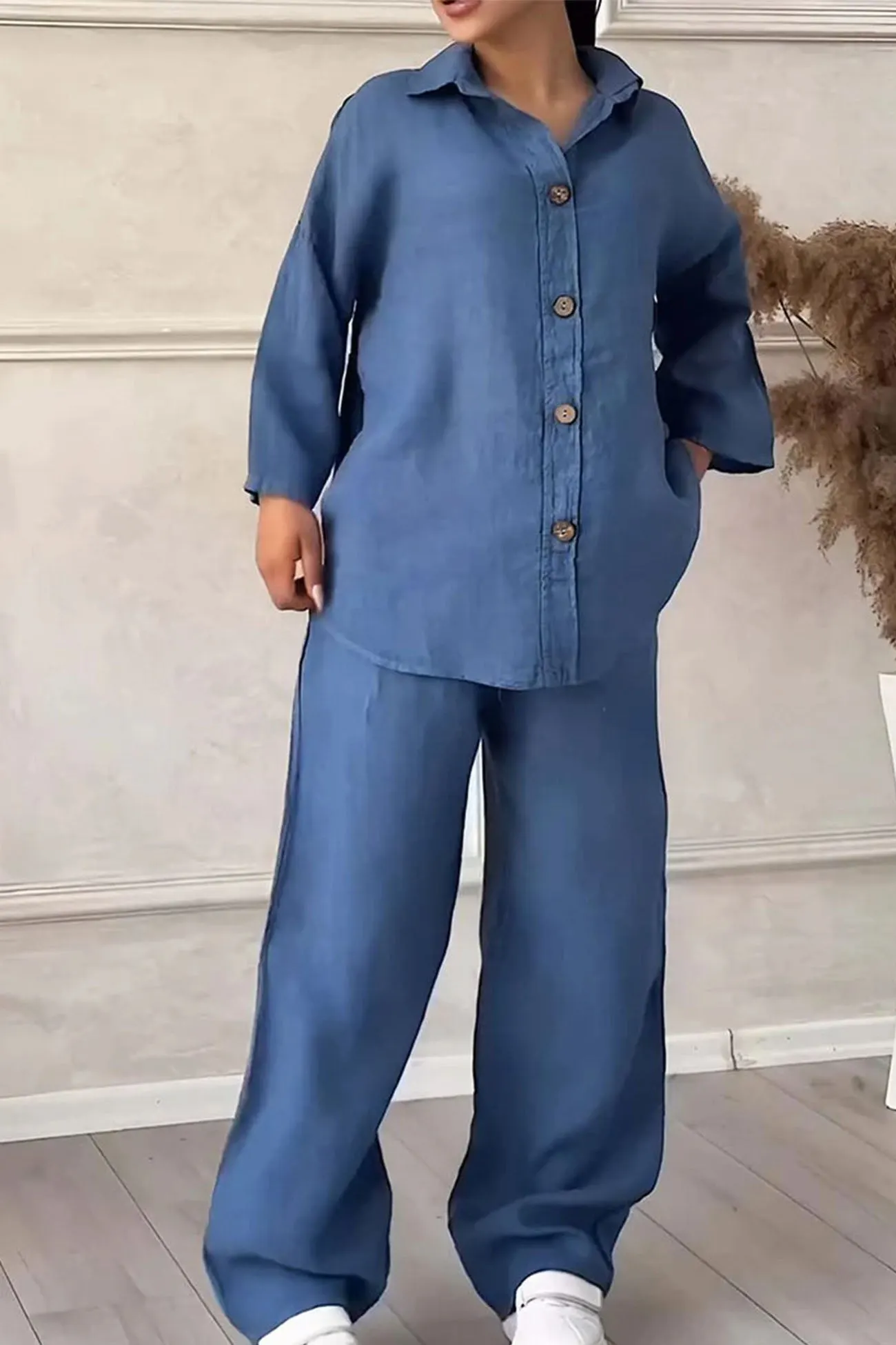 Maxct Solid Color Lapel Button Down Wide Leg Pants Set