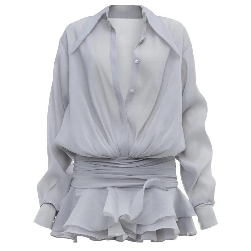 Maxct New Chiffon Mini Dress Women's Ruffled Splice Pleated Dress Mesh See-through Loose Oversized Shirt Dress Cover-Up Clothes