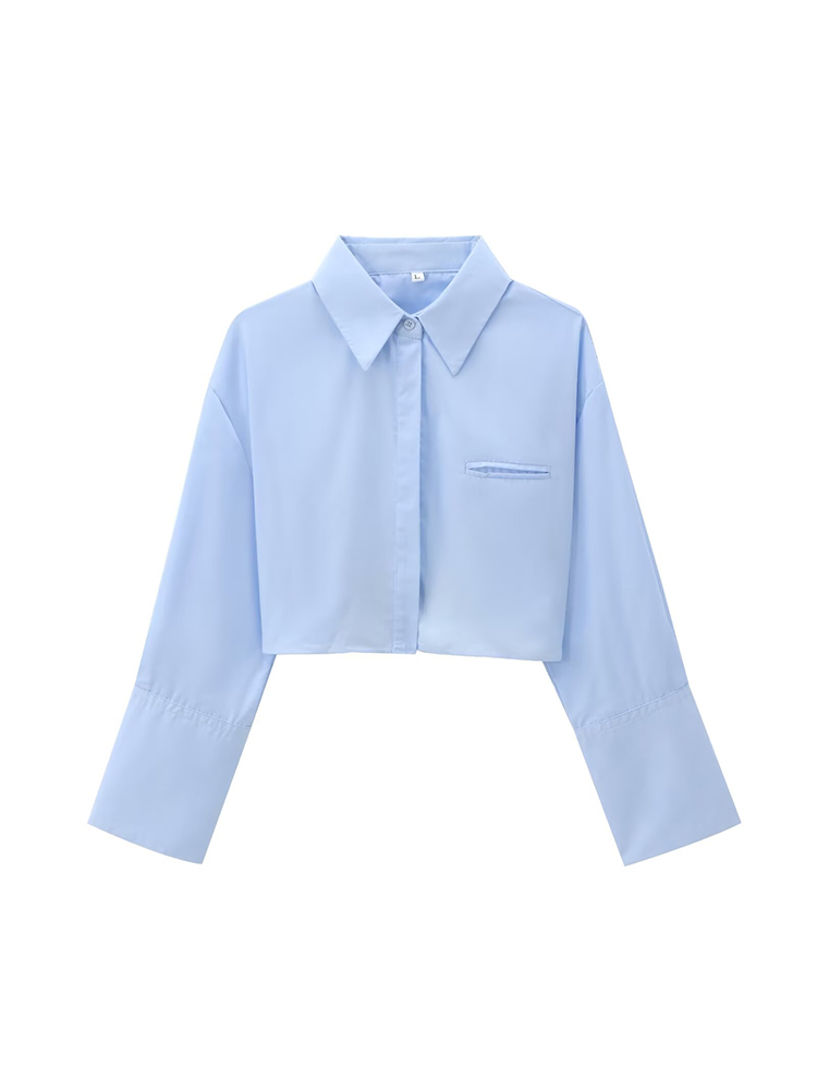 Maxct Autumn New Product Women's Fashion Style Blue Backless Belt Poplin Turnover Long Sleeve Shirt