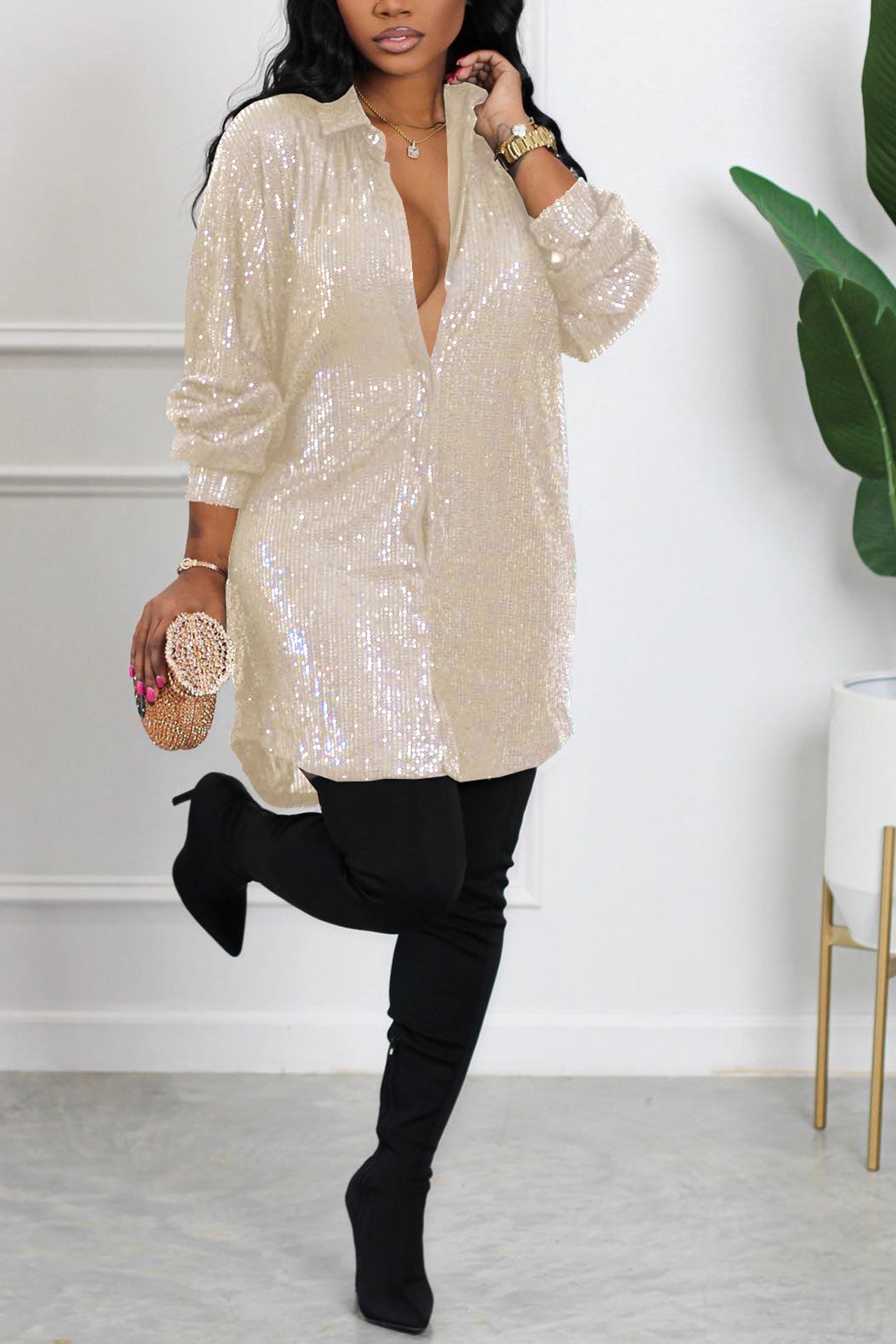 Maxct Sequins Solid Shirt Dress