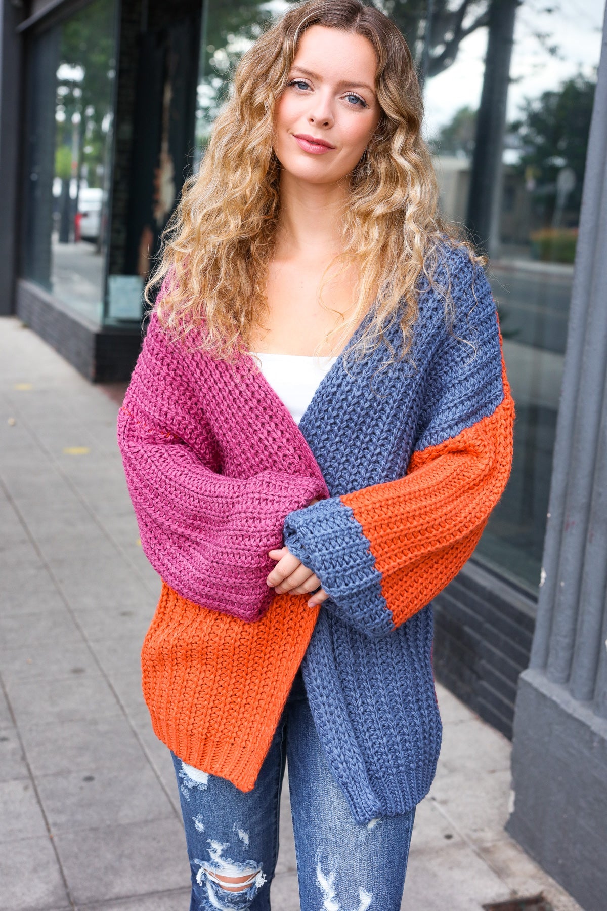 Maxct &Dazzle In Magenta & Navy Chunky Knit Color Block Cardigan
